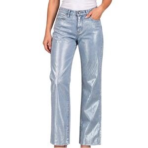 Johnny Was‎ x Sasson Metallic Silver Foil Blue Denim Straight Leg Jeans Size 28